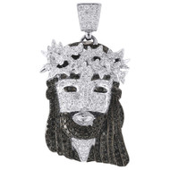 10k White Gold White & Black Diamond Solid Jesus Piece Head Charm Pendant 2 Ct.