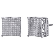 10K White Gold Pave Set Dimaond 4 Prong 3D Square 12.25mm Stud Earrings 0.50 CT.