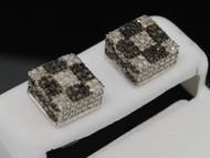 Black Diamond Checkered Earrings .925 Sterling Silver Mens Square Studs 1.15 Ct.