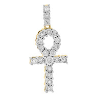 10K Yellow Gold Round Cut Diamond Egyptian Ankh Cross Pendant Mini Charm 0.26 Ct