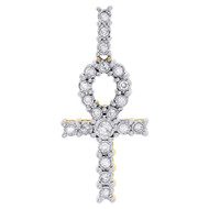 10K Yellow Gold Round Cut Diamond Egyptian Ankh Cross Pendant Mini Charm 0.37 Ct