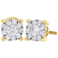 14K Yellow Gold Diamond Flower Stud 4 Prong Halo 6.25mm Circle Earrings 0.50 Ct.