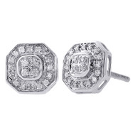 10K White Gold Diamond Mens Ladies Octagon Shaped Stud 8mm Pave Earrings 0.15 Ct