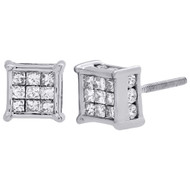 14K White Gold Princess & Round Diamond 3D Cube Stud 4 Prong Earrings 1 Ct.