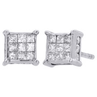 14K White Gold Princess Diamond 3D Studs 4 Prong 6.25mm Square Earrings 0.75 Ct.