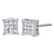 14K White Gold Princess & Round Diamond 3D Cube Stud 4 Prong Earrings 0.50 Ct.