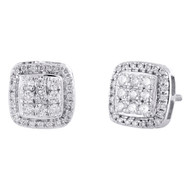 10K White Gold Real Diamond Cushion Shape Cluster Studs 9mm Pave Earrings 1/2 CT