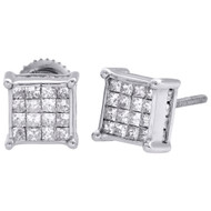 14K White Gold Princess Diamond Square Studs 4 Prong 7.5mm 3D Earrings 0.75 CT.