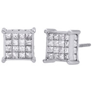 14K White Gold Princess Diamond Square Studs 4 Prong 9mm 3D Earrings 1.50 CT.