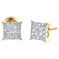 10K Yellow Gold Real Diamond Sqaure Cluster 4 Prong Studs 6.5mm Earrings 1/2 CT.
