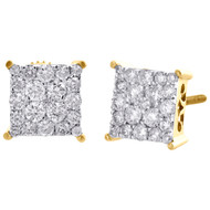 10K Yellow Gold Real Diamond Sqaure Cluster 4 Prong Studs 7.5mm Earrings 3/4 CT.