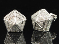 Diamond 3D Pentagon Earrings 10K White Gold Round Pave Studs 0.60 Tcw.