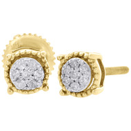 10K Yellow Gold Diamond Flower Stud Milgrain Halo 5.30mm Circle Earrings 0.10 Ct