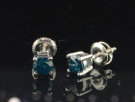 Mens Ladies 10K White Gold Round Cut Solitaire Blue Diamond Studs Earrings 1 Ct.