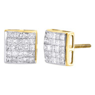 Diamond Square Earrings 10K Yellow Gold Princess Cut Design Studs 1.25 Tcw.