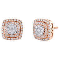 10K Rose Gold Real Diamond Flower Halo Frame Cluster Studs 11.5mm Earrings 1 CT.