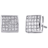 14K White Gold Princess Cut Diamond Dome Square Stud Invisible Earrings 1.25 CT.