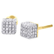 10K Yellow Gold Mens Diamond Cube 3D Square Earrings Round Pave Studs 0.39 CT.