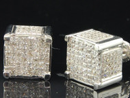 Princess Cut Diamond Earrings 10K White Gold 3D Square Cube Studs 2.10 Ctw.