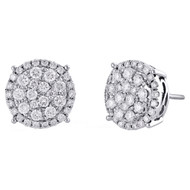 14K White Gold Round Diamond Flower Studs 4 Prong Halo Cluster Earrings 1.25 Ct.