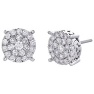 14K White Gold Round Diamond 4 Prong Cluster Stud 11mm Mens Earrings 1.50 CT.
