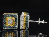 Blue & Yellow Diamond 3D Cube Earrings 10K White Gold Round Pave Studs 1.43 Tcw.