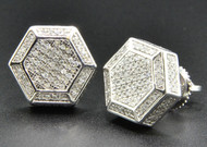 Diamond 3D Hexagon Shape Studs Mens Ladies 10K White Gold Pave Earrings 0.55 Ct.