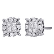 14K White Gold Genuine Diamond Round Studs 7.15mm Circle Halo Earrings 0.50 Ct.