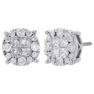14K White Gold Princess & Round Diamond Stud Quad Set 9mm Circle Earrings 1 Ct.
