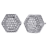 .925 Sterling Silver Diamond Studs 3D Hexagon Shape 12mm Pave Earrings 0.33 Ct.