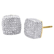Diamond 3D Cube Studs Mens 10K Yellow Gold Round Pave Square Earrings 1.25 Ct.
