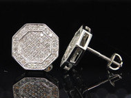 Diamond Octagon Design Studs Mens 10K White Gold Round Pave Earrings 0.65 Tcw.