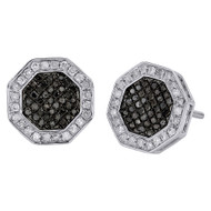 10K White Gold Round Black Diamond Octagon Shape Studs Pave Earrings 1/2 CT.