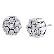 Diamond Flower Earrings 10K White Gold Round Cut Fanook Design Studs 0.60 Tcw.