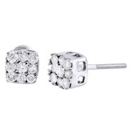 Diamond 3D Square Earrings 14K White Gold Round Cut Pave Design Studs 1/2 Tcw.