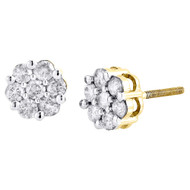 Diamond Flower Earrings 14K Yellow Gold Round Cut Pave Design Studs 3/4 Tcw.