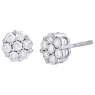 Diamond Flower Earrings 14K White Gold Round Cut Pave Design Studs 3/4 Tcw.