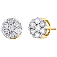 Diamond Flower Stud Earrings 14K Yellow Gold Round Cut Pave Design 1.05 Tcw.