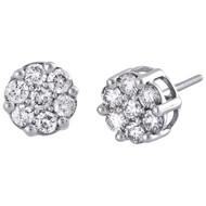 Diamond Flower Stud Earrings 14K White Gold Round Cut Pave Design 1.05 Tcw