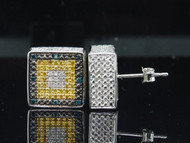 Blue & Yellow Diamond 3D Square Earrings .925 Sterling Silver Round Pave Studs