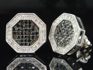 Black Diamond Octagon Design Earrings 10K White Gold Round Pave Studs 0.65 Tcw.