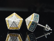 Blue & Yellow Diamond Hexagon Earrings 10K White Gold Round Pave Studs 0.60 Tcw.
