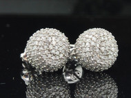 Diamond 3D Domed Earrings 10K White Gold Round Pave Studs 1.20 Tcw.