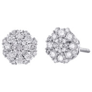 14K White Gold Round Diamond Flower Studs Small 7.5mm Cluster Earrings 0.63 Ct.