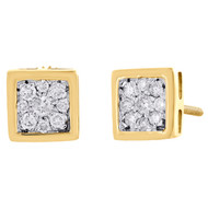 14K Yellow Gold Round Diamond Flower Studs Mini Square 7mm Earrings 0.25 Ct.