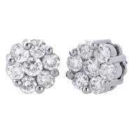 14K White Gold Round Diamond Flower Studs Prong Set 9.85mm Earrings 2 Ct.