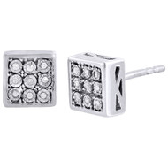 Diamond 3D Square Earrings .925 Sterling Silver Round Design Studs 0.05 Ct.