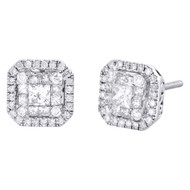 14K White Gold Round & Princess Cut Diamond Double Halo Studs Earrings 3/4 CT.