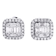 14K White Gold Round & Baguette Diamond Halo Stud 7.50mm Unisex Earrings 1/2 CT.