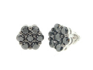 Mens Ladies 10K White Gold Flower Set Round Black Diamond Earrings Studs 2 Ct.